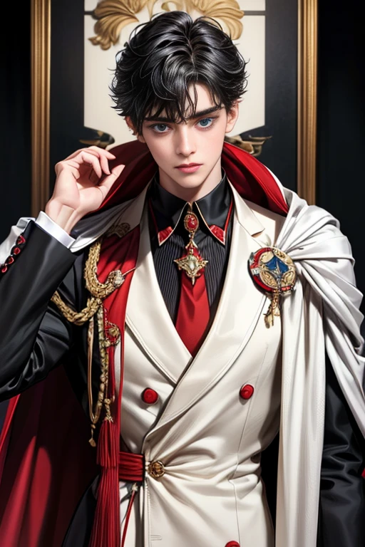 masterpiece, 最high quality, high quality, 1 boy, alone, Male focus, Upper Body,Watching the audience, Messy black hair, Adorable big blue eyes, White, Noble, Noble,A black and red cape that is bursting with sexy volume、Tuxedo、A very voluminous, large, very large, very large, long, long red and black cape with a high stand-up collar, made of a lot of fabric that reaches down to the floor., ,cute beautiful,Cute, cute, kind, handsome guy