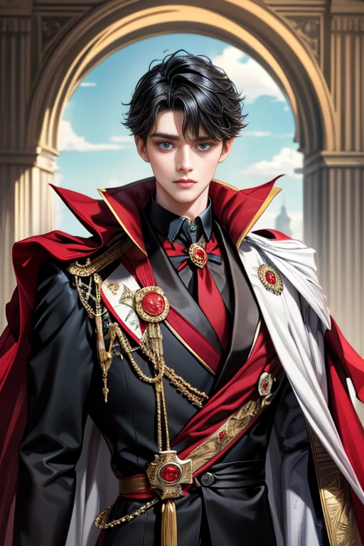 masterpiece, 最high quality, high quality, 1 boy, alone, Male focus, Upper Body,Watching the audience, Messy black hair, Adorable big blue eyes, White, Noble, Noble,A black and red cape that is bursting with sexy volume、Tuxedo、A very voluminous, large, very large, very large, long, long red and black cape with a high stand-up collar, made of a lot of fabric that reaches down to the floor., ,cute beautiful,Cute, cute, kind, handsome guy