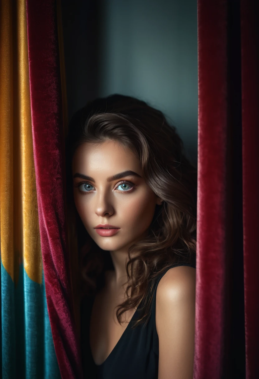 RAW photo, beautiful eyes, masterpiece, peeking out from behind the curtains, colorful details, award-winning, high detail, 8 K, daylight, analog film, detailed skin, stunning composition, complex parts, subsurface scattering, velvet hair, amazing textures, cinematic, chiaroscuro, soft light