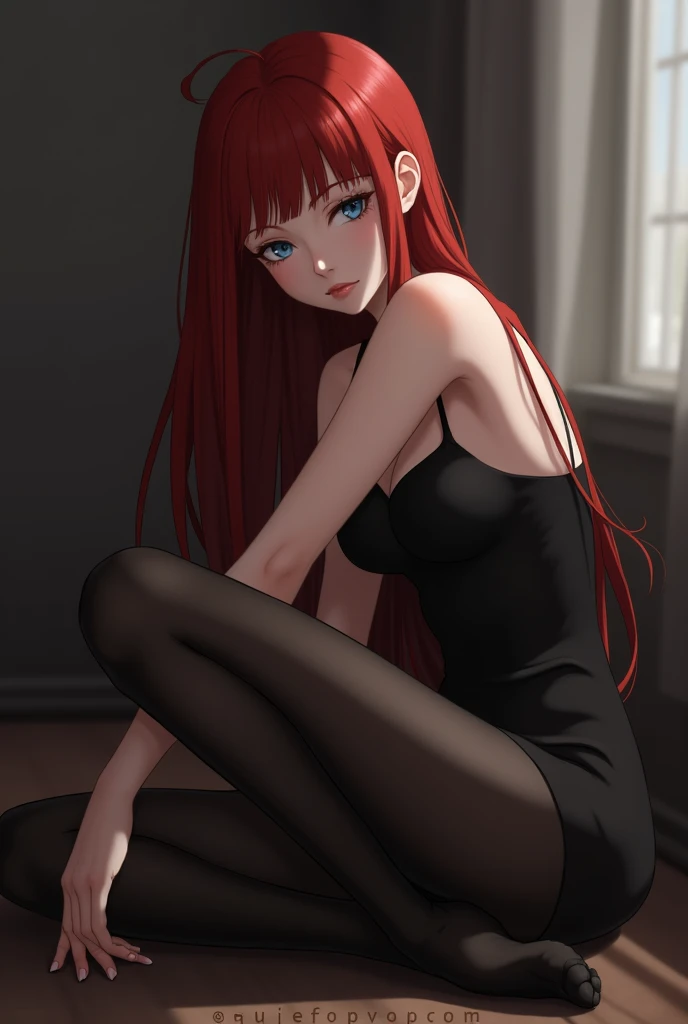 A red girl with long hair  sits with her legs stretched out,black stocking
 taking a (realistic photo 1.6)
