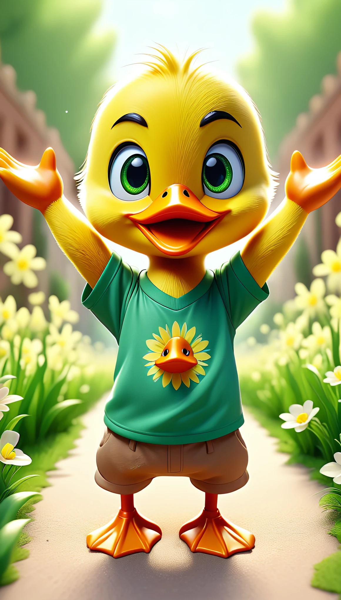 cute tiny duck, cartoon , arms, hands ,cute eyes, looking at viewer, arms up, green flowers, degrade shirt, sun