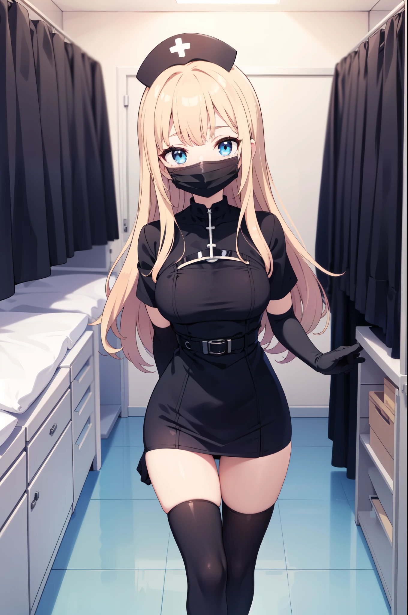 black nurse, 1woman, solo, black nurse cap, black nurse uniform, ((black legwear, zettai ryouiki)), black elbow gloves, blonde hair, blue eyes, ((black surgical mask, covered nose)), standing, ((surgery room)), sharp outline, short sleeves, mature female, 35yo, best quality, masterpiece