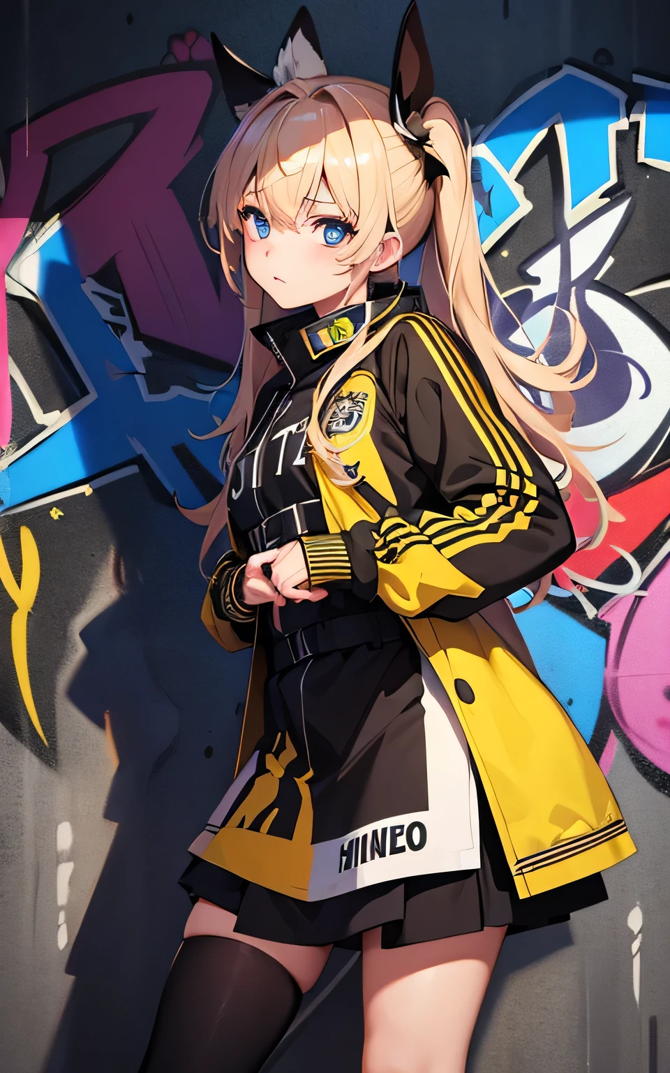 (Highest quality), masterpiece, Highly detailed CG uniform 8K illustrations, High collar, extremely High collar saturation, All the colors have deepened, paint, Graffiti art, Center Configuration, Highly detailed lights and shadows, Graffiti wall, wall painted bright, A girl's graffiti A girl is staring at the wall, Highly detailed face and eyes, Medium length hair, Sportswear, Coloured Clouds