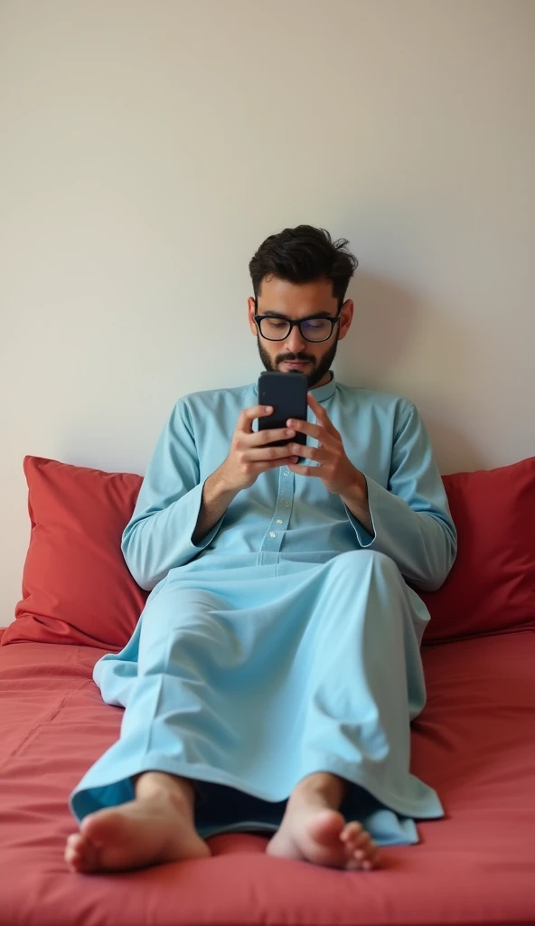 Great job, Best quality, Simple background, 20 year old young man wearing a sky blue galabiya and glasses ,Lying on a simple red bed ,pillow ,He plays with the phone ,stubble beard , Arab