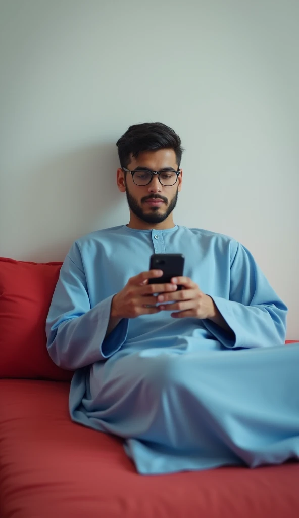 Great job, Best quality, Simple background, 20 year old young man wearing a sky blue galabiya and glasses ,Lying on a simple red bed ,pillow ,He plays with the phone ,stubble beard , Arab
