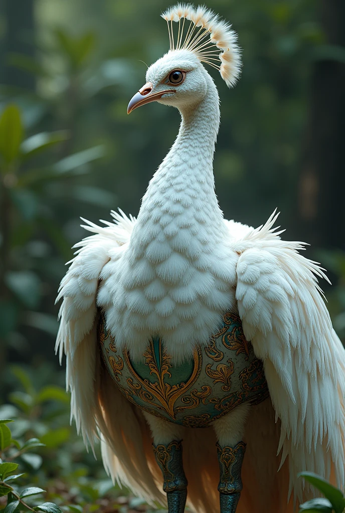 Front side of a white peacock in an iron armour