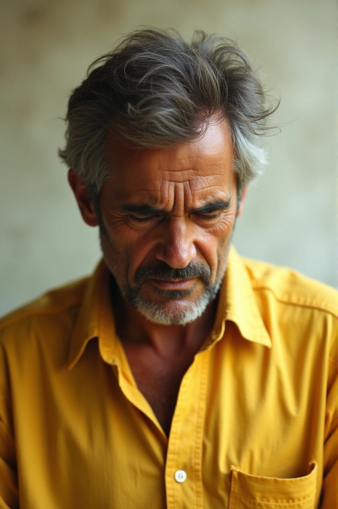 A tender and tired man in a yellow shirt