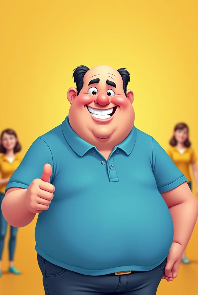 Imagine a cartoon man of approximately (40 year old), with a slightly corpulent body. He is “bald” on top of his head, but has thin black hair on the sides, without anger. He is wearing a blue polo shirt, and the bottom of the shirt is a little loose. He is smiling and giving a thumbs up with his right hand.. THE BACKGROUND IS SIMPLE, maybe a yellow color with some people in yellow in the background, so as not to divert attention from the character.