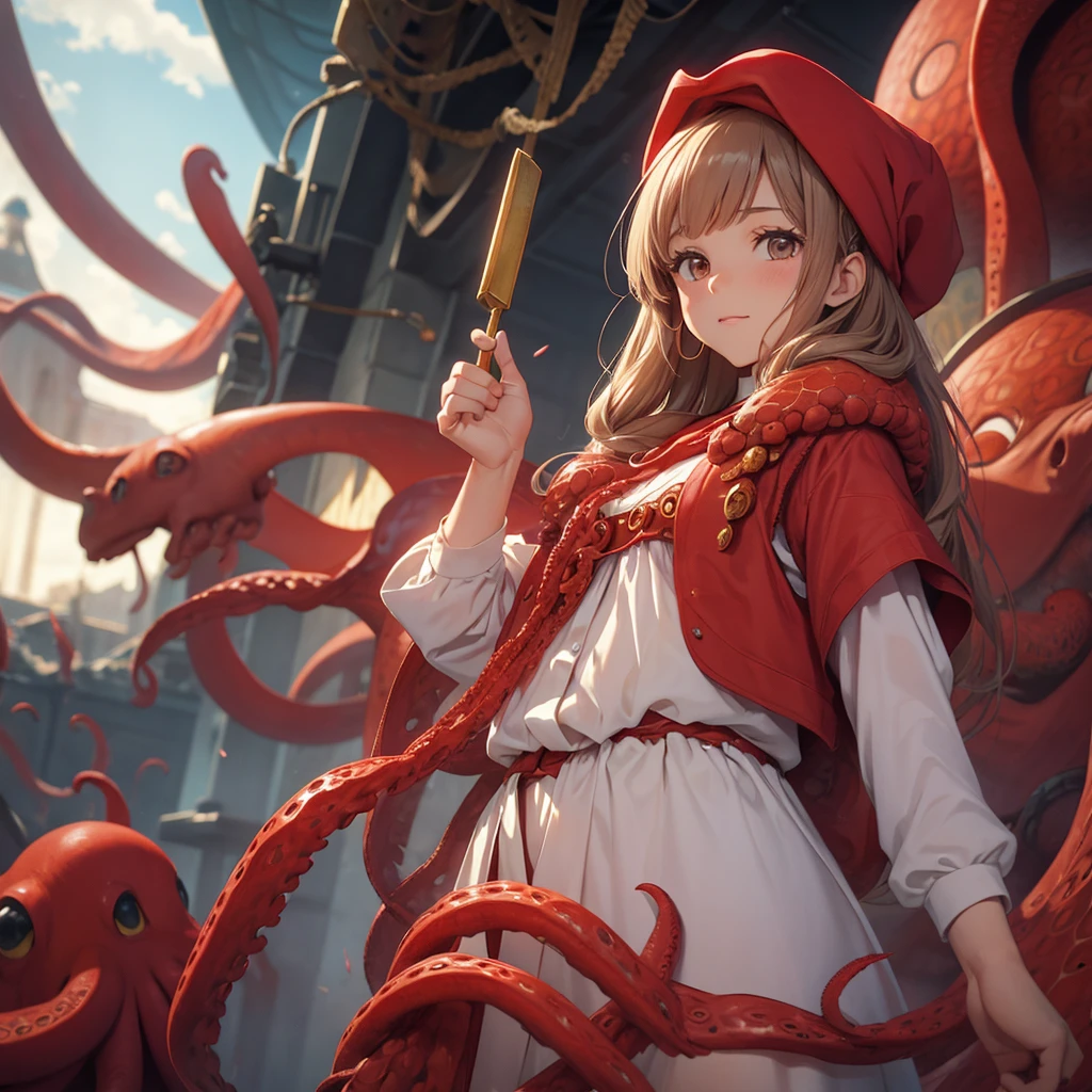 最high quality, high quality, Long Hair, wet hair, flat chest, Dark underground labyrinth, No light, Tentacles inside a medieval long dress,  Equipped with a dagger and a shield, tentacles go inside the dress  ,Hold down the skirt,