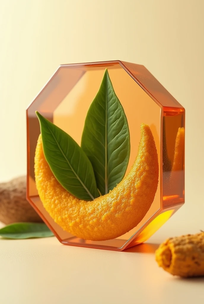 Create a transparent copper-colored soap shape with a circle of kaffir lime leaves, coconut oil, and turmeric.