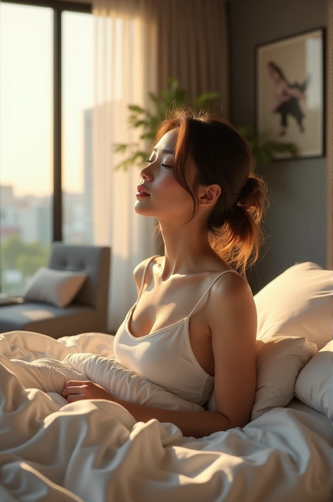 Create a captivating image of a beautiful Thai woman as she awakens on a modern bed, with the morning light casting a soft glow across her delicate features. She is in a contemporary bedroom with minimalist design elements that emphasize clean lines and functional beauty. The bed is adorned with sleek, understated bedding and an array of streamlined pillows. Her hair is slightly tousled, and her expression is serene, capturing the peaceful moment of just waking up. The room features modern furniture and abstract art, reflecting a sophisticated urban taste. Light filters through large, floor-to-ceiling windows, creating a luminous and airy atmosphere.