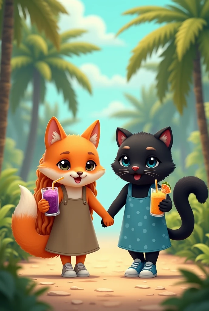 Cute and fluffy orange anthropomorphic fox of small stature in a dark beige full-length sundress.Fox shoes white sneakers. The fox has orange hair that reaches the floor.. A fox holds a sling with a grape cocktail and a straw in its paw. Next to the fox is a cute anthropomorphic fluffy black panther in a short bright blue mini sundress with white polka dots. Panther shoes blue sneakers.The panther has a hairstyle on the sides of its head with two black ponytails reaching to the floor.. The panther has kind blue eyes. Panther holds a sling with a mango cocktail and a straw in its paw. They walk holding paws along a path in a palm forest.. The fox is wearing a floor-length sarafan, and the panther has a mini. The panther has two tails of hair on its head, very long. The panther has a cat-like tail. The fox has a floor-length dress.