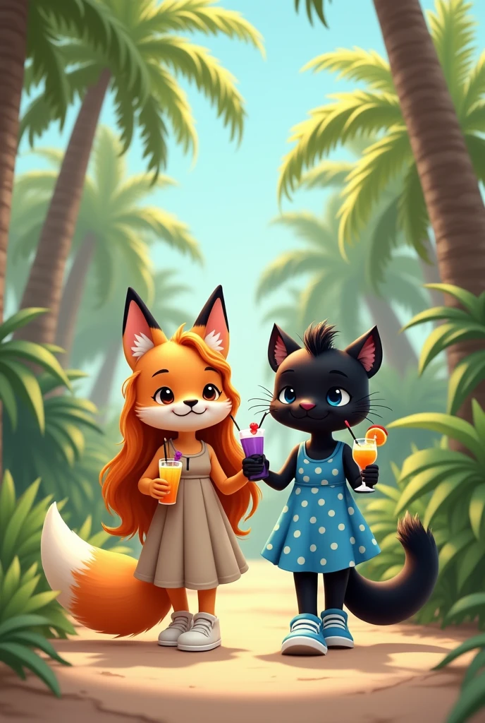 Cute and fluffy orange anthropomorphic fox of small stature in a dark beige full-length sundress.Fox shoes white sneakers. The fox has orange hair that reaches the floor.. A fox holds a sling with a grape cocktail and a straw in its paw. Next to the fox is a cute anthropomorphic fluffy black panther in a short bright blue mini sundress with white polka dots. Panther shoes blue sneakers.The panther has a hairstyle on the sides of its head with two black ponytails reaching to the floor.. The panther has kind blue eyes. Panther holds a sling with a mango cocktail and a straw in its paw. They walk holding paws along a path in a palm forest.. The fox is wearing a floor-length sarafan, and the panther has a mini. The panther has two tails of hair on its head, very long. The panther has a cat-like tail. The fox has a floor-length dress.