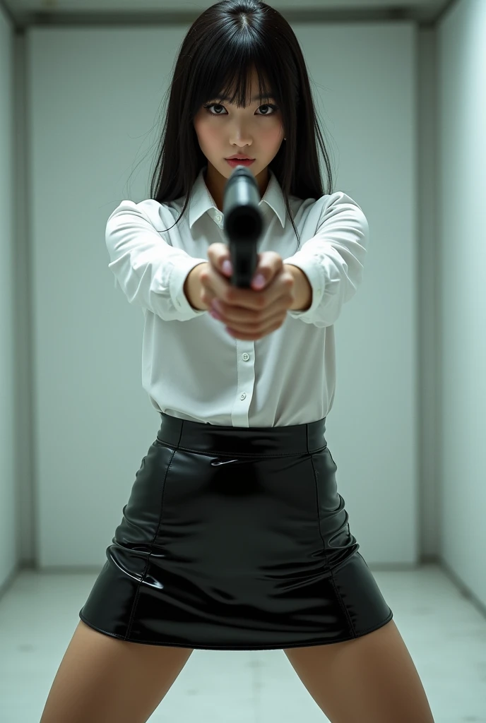 real beautiful sweet big eyes office lady japanese white shirt latex low mini skirt standing stance legs open wide spreading full portrait holding rifle gun pointing at you front facing aiming at you shooting range sexy legs