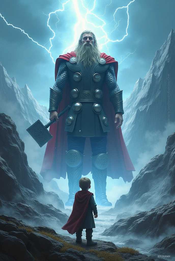 Viking child having a vision with the god Thor.