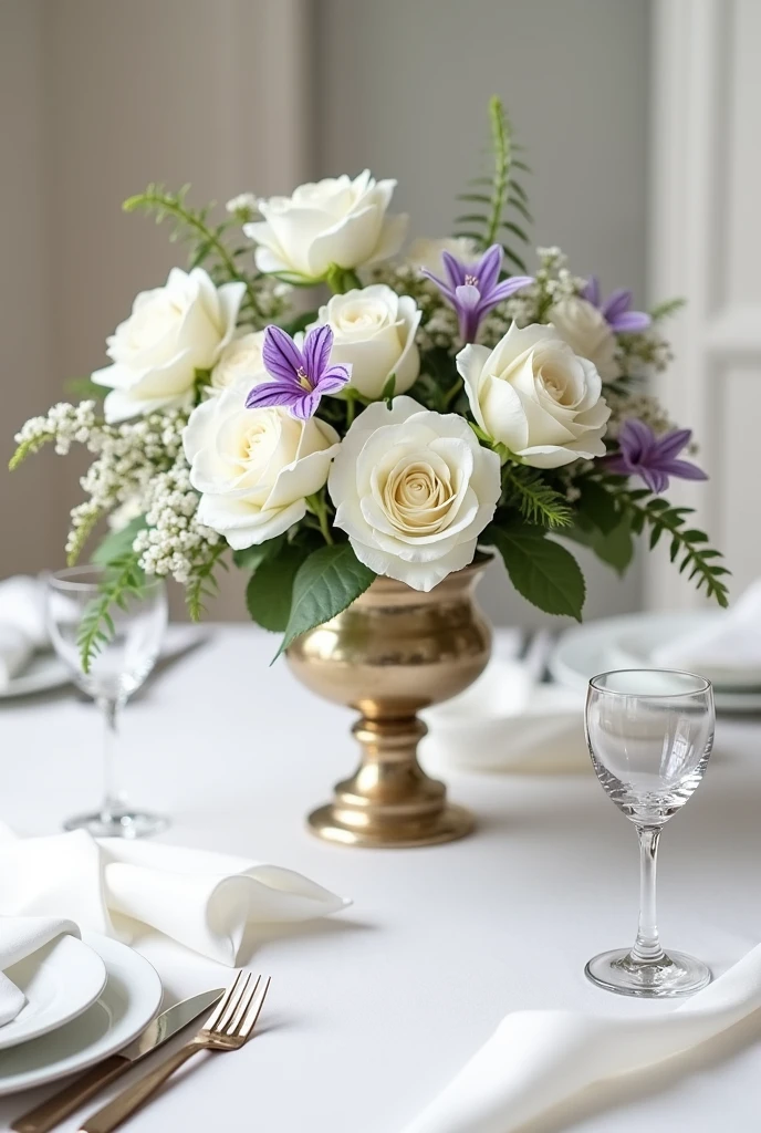 Create an image of a classic and chic table decoration for a wedding. The style should be elegant and timeless, without Boho Elements. The colors should be dominated by white and purple, without gold or bronze.