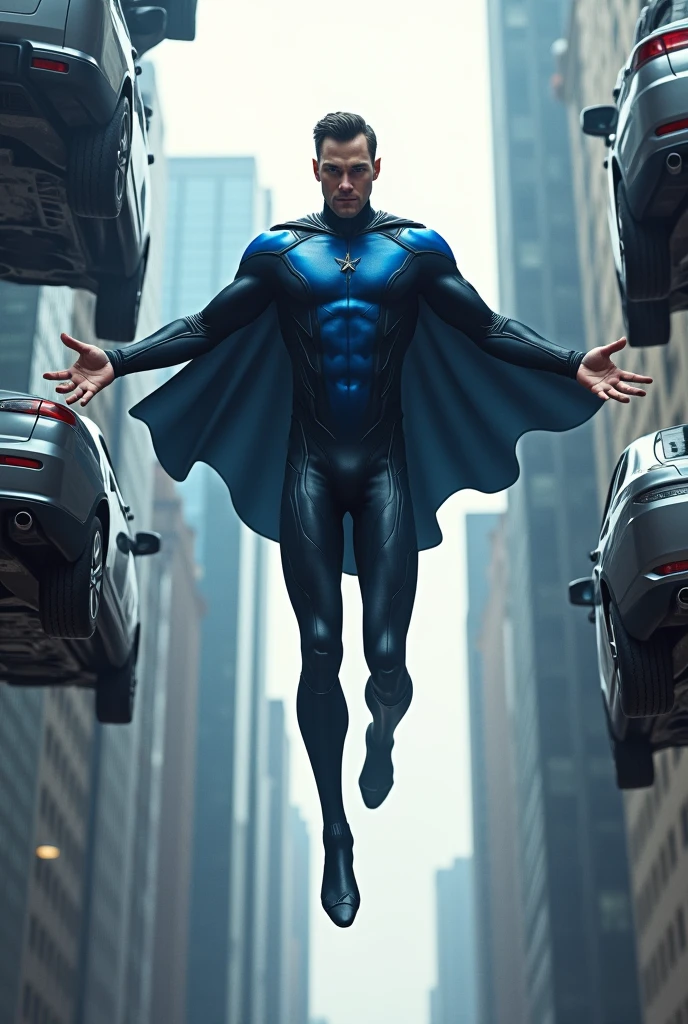 I want you to create a male character with metal control powers. He is a 2 white male not so muscular who has short black hair with black eyes. His superhero costume is black with blue details and a black cape.. Levitating between buildings he uses his powers to lift several cars