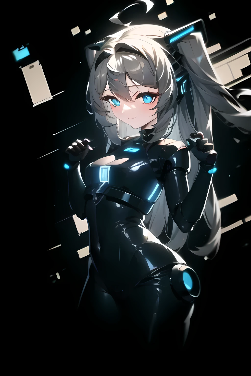 anime girl with blue eyes and long hair in a futuristic outfit, smiling at viewer, android heroine, fully robotic!! catgirl, anime manga robot!! anime girl, fully robotic!! girl, nanogirlv 2, cybersuits, girl in mecha cyber armor, perfect android girl, cyber suit, cybersuit, cyberpunk anime girl mech, kda, anime girl of the future, nightcore, beautiful hands with long fingers, five fingers on each hand, round eyes with round pupils