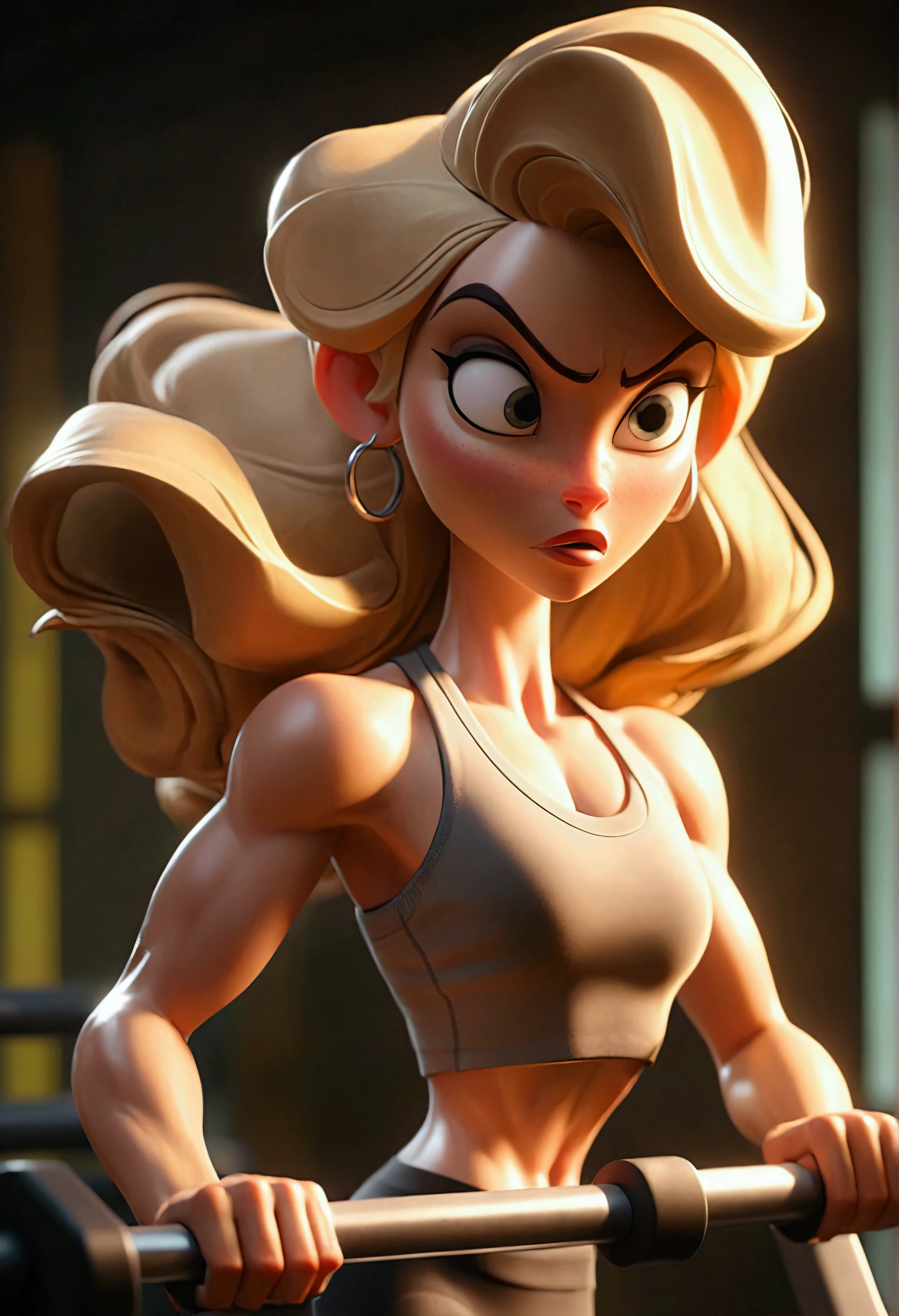 "A modern, dimly lit gym with a warm, inviting atmosphere. Focus on Sarah, a stunning 30-year-old blonde woman running on a treadmill with a sultry expression, her movements smooth and confident. The room is alive with subtle energy."