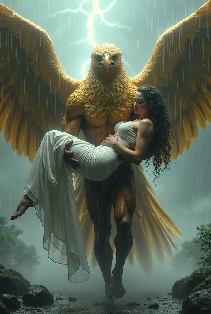 The Garuda birdman with golden feathers walks in the middle of a rainstorm while carrying the body of a beautiful, sexy woman wearing a white, transparent dress, all soaked. 