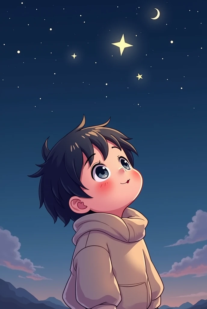 A looking up at the stars,Cartoon,可爱Cartoon,可爱Cartoon风格,maternal love,Cute illustration,Clean anime art,Simple background