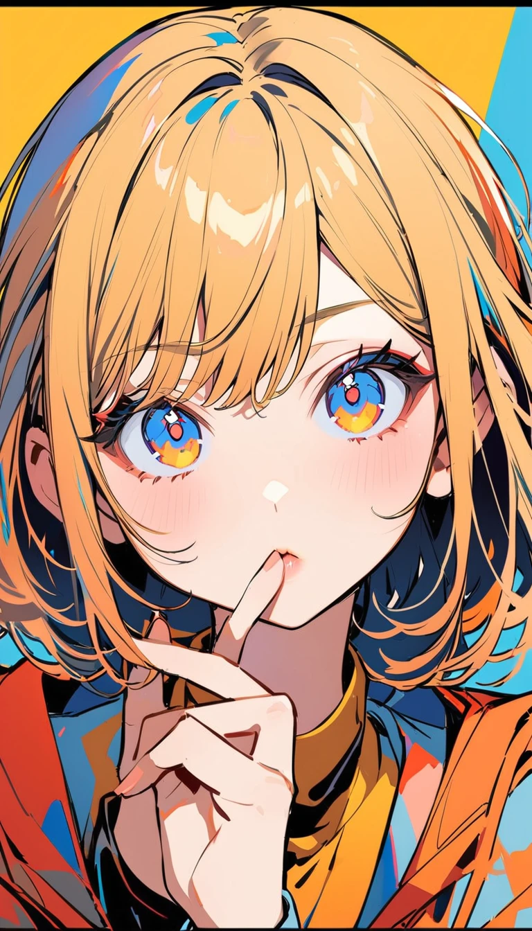 1woman, solo, yellow hair, orange eyes, detailed eyes, eyelashes, light lips, 25years old, school uniform, (put index finger on mouth:1.3), looking at viewer