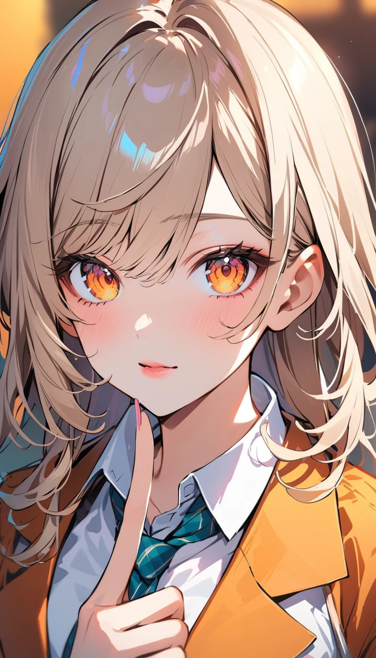 1woman, solo, yellow hair, orange eyes, detailed eyes, eyelashes, light lips, 25years old, school uniform, (put index finger on mouth:1.3), looking at viewer