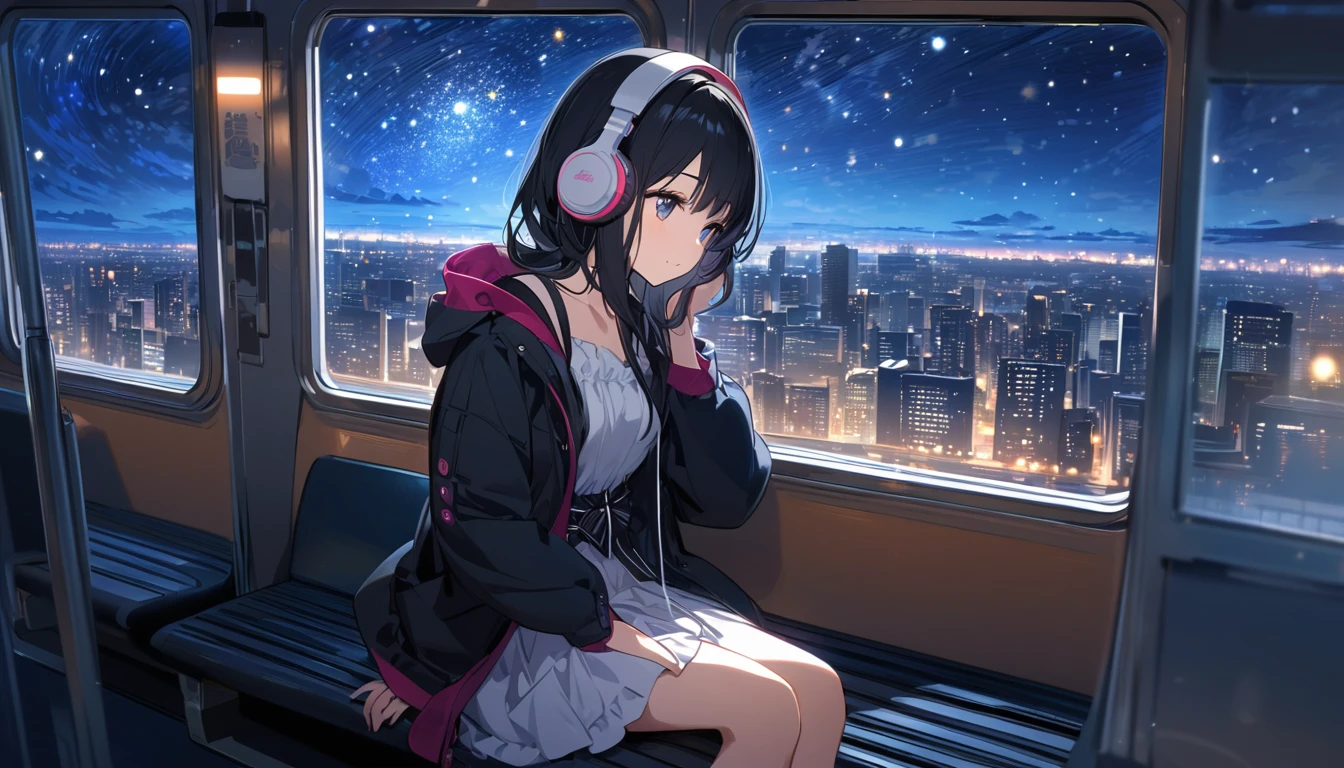 A young beautiful woman with long black hair wearing a cute outfit, sitting on a train, headphones on, listening to music, cityscape outside the window, starry night sky, Japanese setting