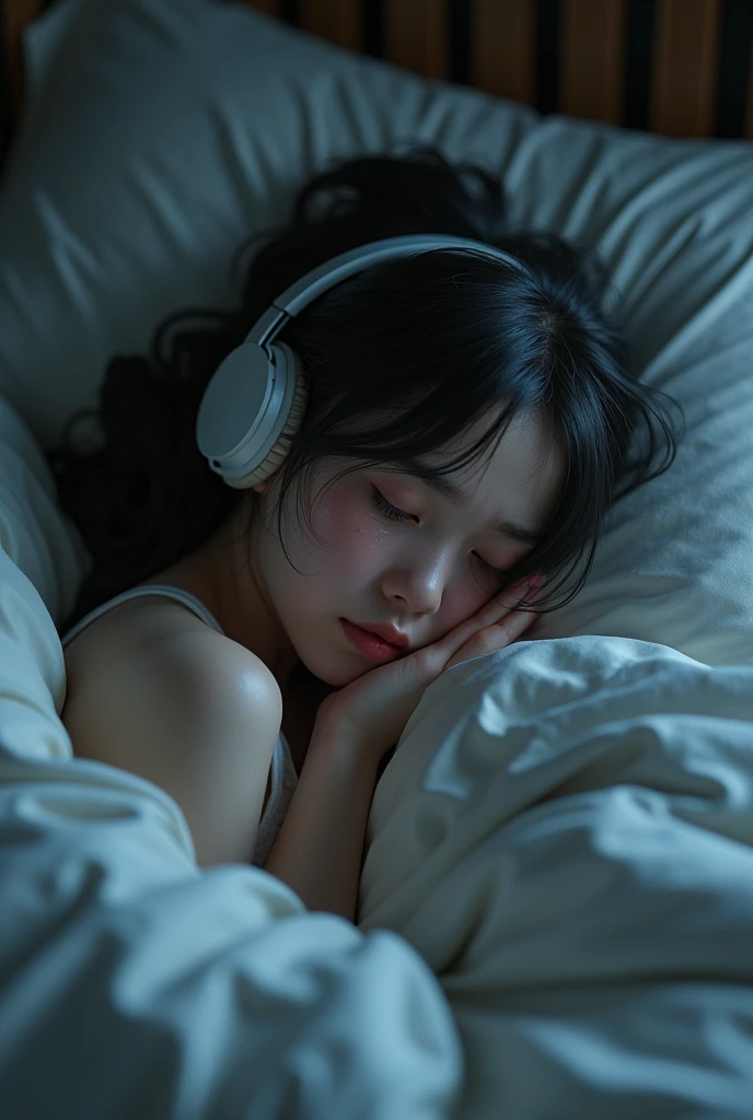 Realistic young girl sad and crying a lot in her bed, Whole body, with headphones