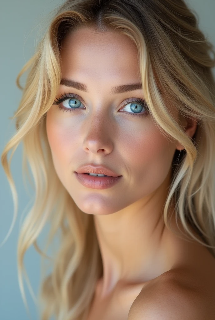 Femme blonde yeux bleu de bleu full face qualiter 4k sans double manton et beaucoup maquillée 