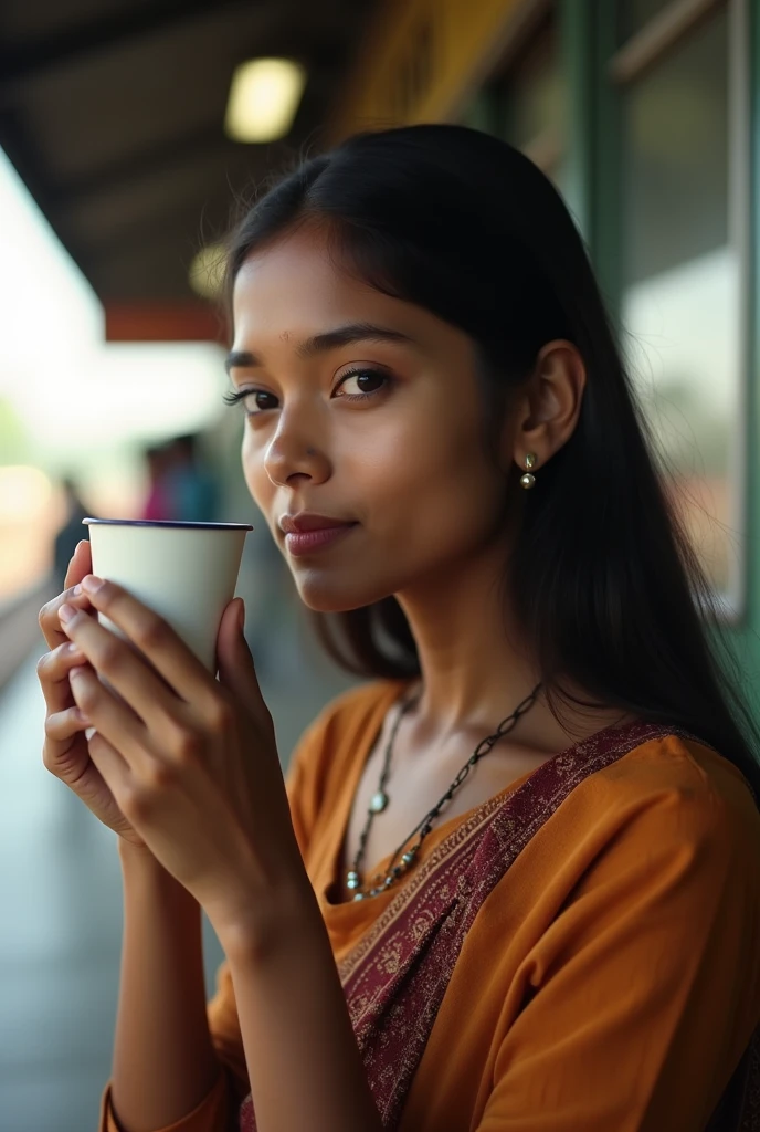 A beautiful girl natasa from assam
has drinking water at railway station