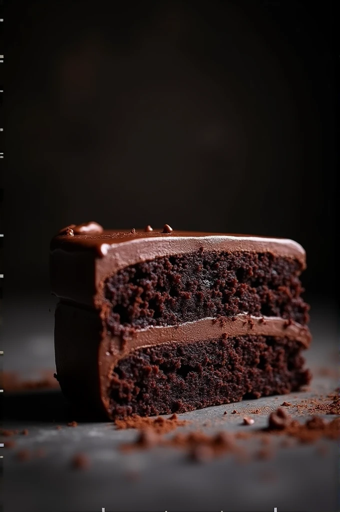 cinematic film still chocolate, chocolate cake, dark background, quality photo, moist texture, frosting, studio photo, slice . shallow depth of field, vignette, highly detailed, high budget, bokeh, cinemascope, moody, epic, gorgeous, film grain, grainy