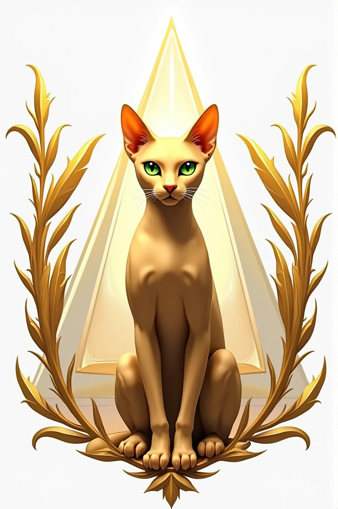 Make a coat of arms with white and gold colors with a golden hairless cat with a bold face and emerald eyes and a transparent pyramid background