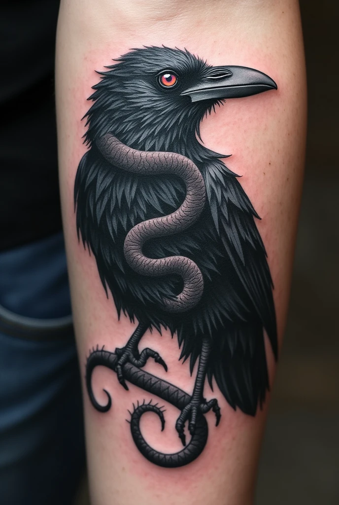 small tattoo with few details, that serves as protection, health and luck.  A hybrid of a crow, a snake and tarantula, black and grey, Bicolor eyes, gray on the right with purple on the left