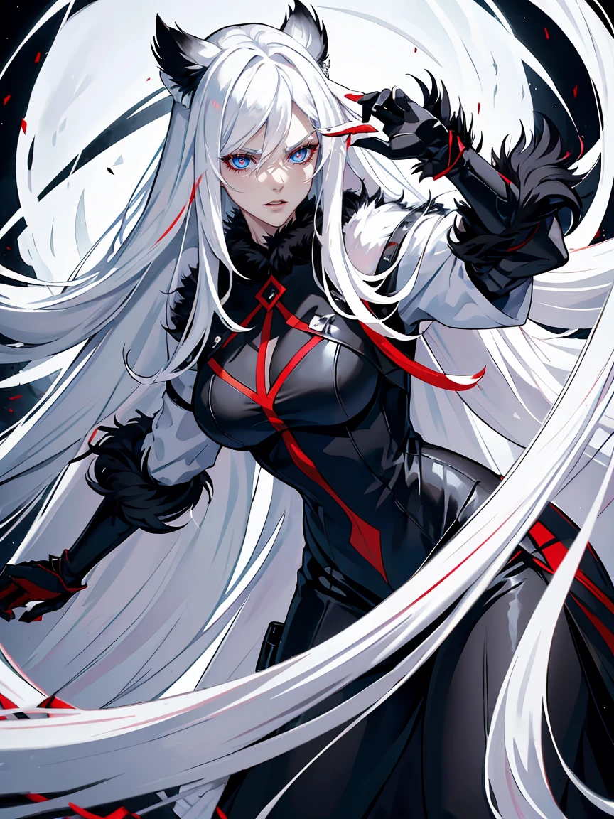 Long white hair, blue eyes, evil, sexy, black and red clothes, evil face, evil, serious look, gloss lips, sinister, front look, bloody, gloves, close up, portrait, beautiful eyes, big white, dark place, night, sensual, straight hair cut, clear skin, evil, young 30 years girl, adult girl, solo, red, very long hair, ankle length hair, handsome older WOMAN,azure-eyes,crimson pupils,Long white hair,Hyperresolution,accuracy,Detailed rendering,(Image of fine hair)(topquality)(Masterpieces of masters)(High degree of completeness)(A sense of atmosphere)tmasterpiece,Super detailed and super detailed(((full-body)))(((white and black fur fight outfit))) (((Soft expression)))