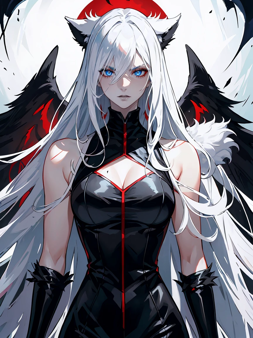 Long white hair, blue eyes, evil, sexy, black and red clothes, evil face, evil, serious look, gloss lips, sinister, front look, bloody, gloves, close up, portrait, beautiful eyes, big white, dark place, night, sensual, straight hair cut, clear skin, evil, young 30 years girl, adult girl, solo, red, very long hair, ankle length hair, handsome older WOMAN,azure-eyes,crimson pupils,Long white hair,Hyperresolution,accuracy,Detailed rendering,(Image of fine hair)(topquality)(Masterpieces of masters)(High degree of completeness)(A sense of atmosphere)tmasterpiece,Super detailed and super detailed(((full-body)))(((white and black fur fight outfit))) (((Soft expression)))