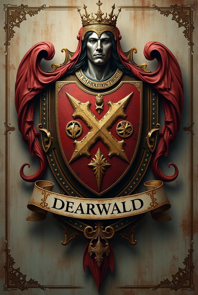 Créé un blason pour la dynastie Dearwald. C'est une puissante famille de sorciers composés d'intellectuels nés au Royaume-Uni. Ils sont à la fois admirés et craint. Ils possèdent également le titre de comte du Norfolk. Donne lui un air ancien avec une devise latine dessous. Le nom Dearwald doit apparaître sous le blason dans une banderole.