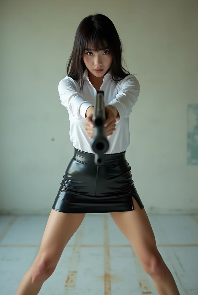 real beautiful sweet big eyes office lady japanese white shirt latex low mini skirt standing stance legs open wide spreading full portrait holding rifle gun pointing at you front facing aiming at you shooting range sexy legs