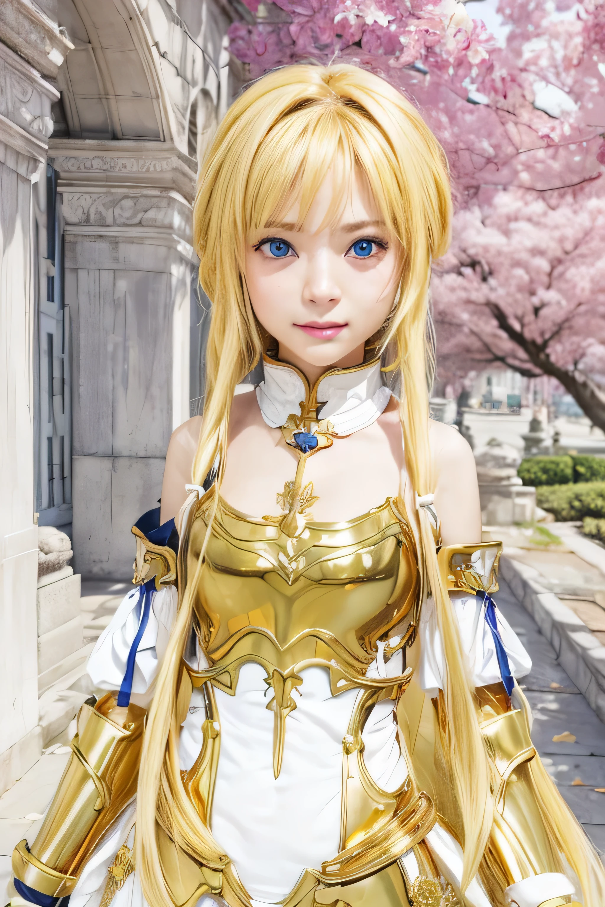 masterpiece, best quality, (realistic,photo-realistic:1.4), (RAW photo:1.2), extremely detailed CG unity 8k wallpaper, delicate and beautiful, amazing,finely detail, official art, absurdres, incredibly absurdres, huge filesize, ultra-detailed,extremely detailed eyes and face,light on face,alice,(little smile),(long hair:1.4),nature background,hair clip,(blue eyes:1.5),(wearing golden armor:1.2),hair between eyes,black ribbon