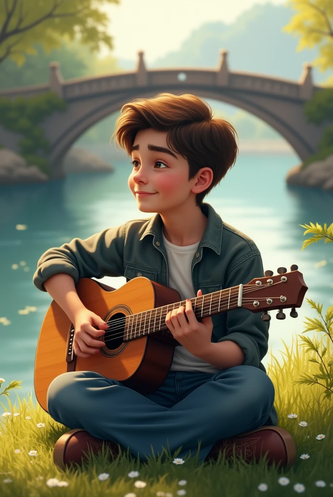 A teenager boy 1 playing guitar. Sitting near river with bridge view. He is sitting on grass. He wears tshirt and shirt and jeans 