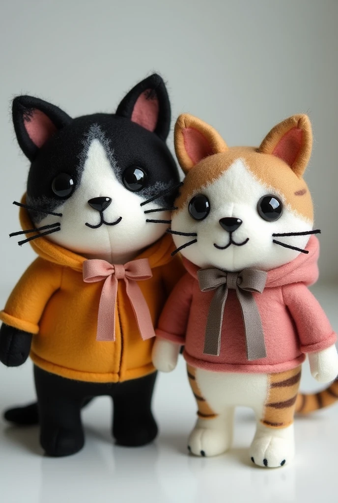 Felt plushie, 2 cats, black and white cats, White cat with brown stripes, wearing hoodies and ribbons around their necks, The brand's eyes are made of black amigurumi eyes, and the nose is black, the cat's whiskers are made of black thread ,Head size is larger than body