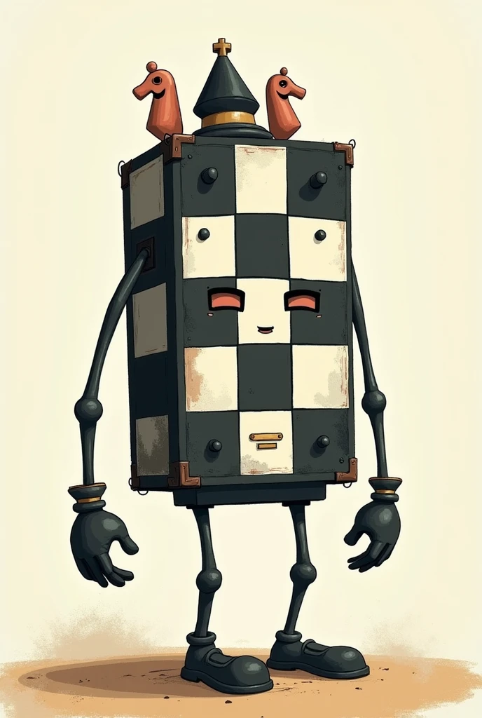 A SQUARE and BLACK AND WHITE chess board, who is going on a trip. Do it with arms and legs, is alive.