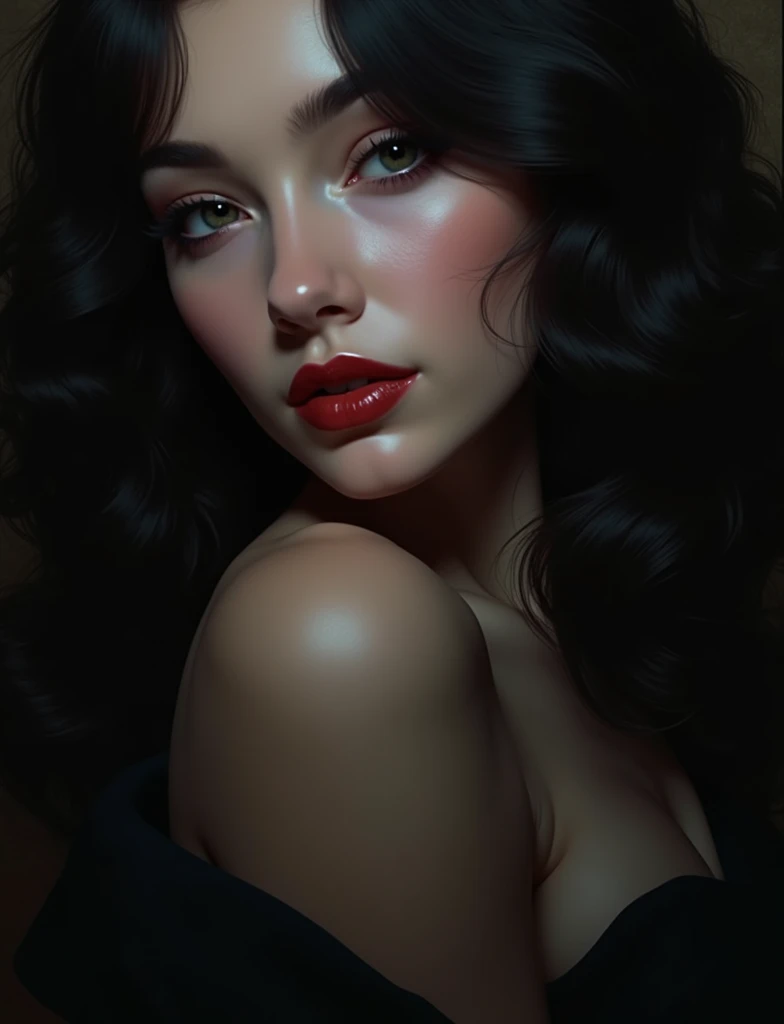 a femme fatale with long flowing hair, realistic, (best quality,4k,8k,highres,masterpiece:1.2),ultra-detailed,(realistic,photorealistic,photo-realistic:1.37),HDR,UHD,studio lighting,ultra-fine painting,sharp focus,physically-based rendering,extreme detail description,professional,vivid colors,bokeh,detailed eyes,beautiful detailed lips,extremely detailed face,long eyelashes,elegant,mysterious,seductive,captivating gaze,dramatic lighting,cinematic,chiaroscuro,moody,dark,alluring