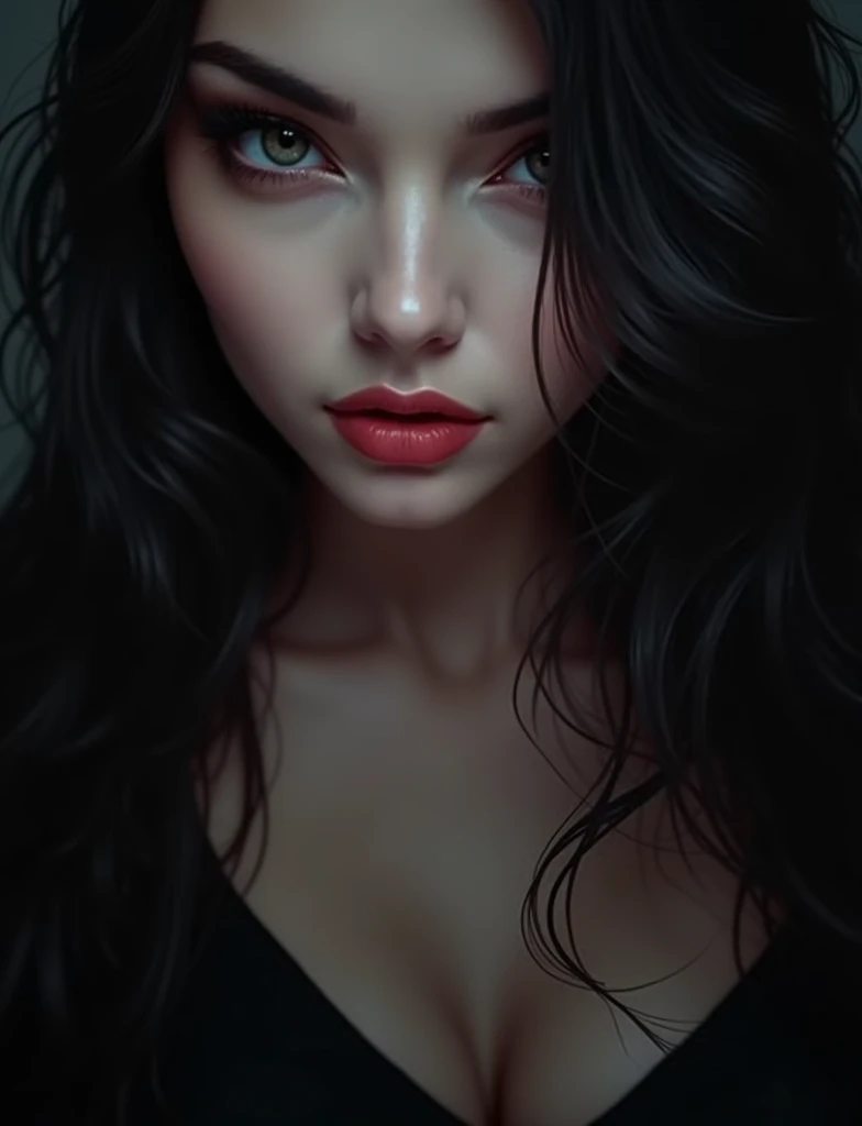 a femme fatale with long flowing hair, realistic, (best quality,4k,8k,highres,masterpiece:1.2),ultra-detailed,(realistic,photorealistic,photo-realistic:1.37),HDR,UHD,studio lighting,ultra-fine painting,sharp focus,physically-based rendering,extreme detail description,professional,vivid colors,bokeh,detailed eyes,beautiful detailed lips,extremely detailed face,long eyelashes,elegant,mysterious,seductive,captivating gaze,dramatic lighting,cinematic,chiaroscuro,moody,dark,alluring