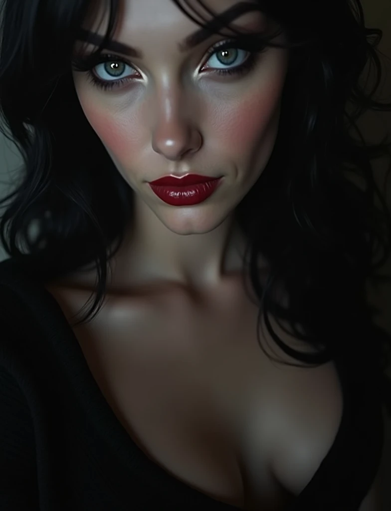 a femme fatale with long flowing hair, realistic, (best quality,4k,8k,highres,masterpiece:1.2),ultra-detailed,(realistic,photorealistic,photo-realistic:1.37),HDR,UHD,studio lighting,ultra-fine painting,sharp focus,physically-based rendering,extreme detail description,professional,vivid colors,bokeh,detailed eyes,beautiful detailed lips,extremely detailed face,long eyelashes,elegant,mysterious,seductive,captivating gaze,dramatic lighting,cinematic,chiaroscuro,moody,dark,alluring