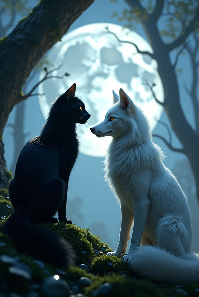 A black cat and a white fox in the moonlight