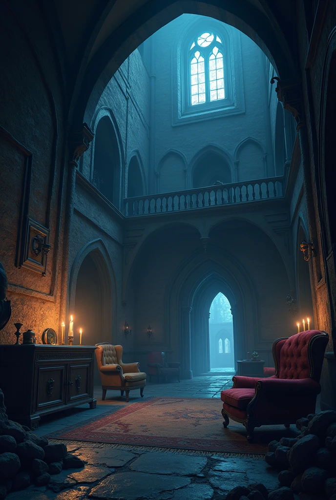 Game background - menu anime fantasy cartoon medieval without people castle ominous scary inside the castle inside the building living room