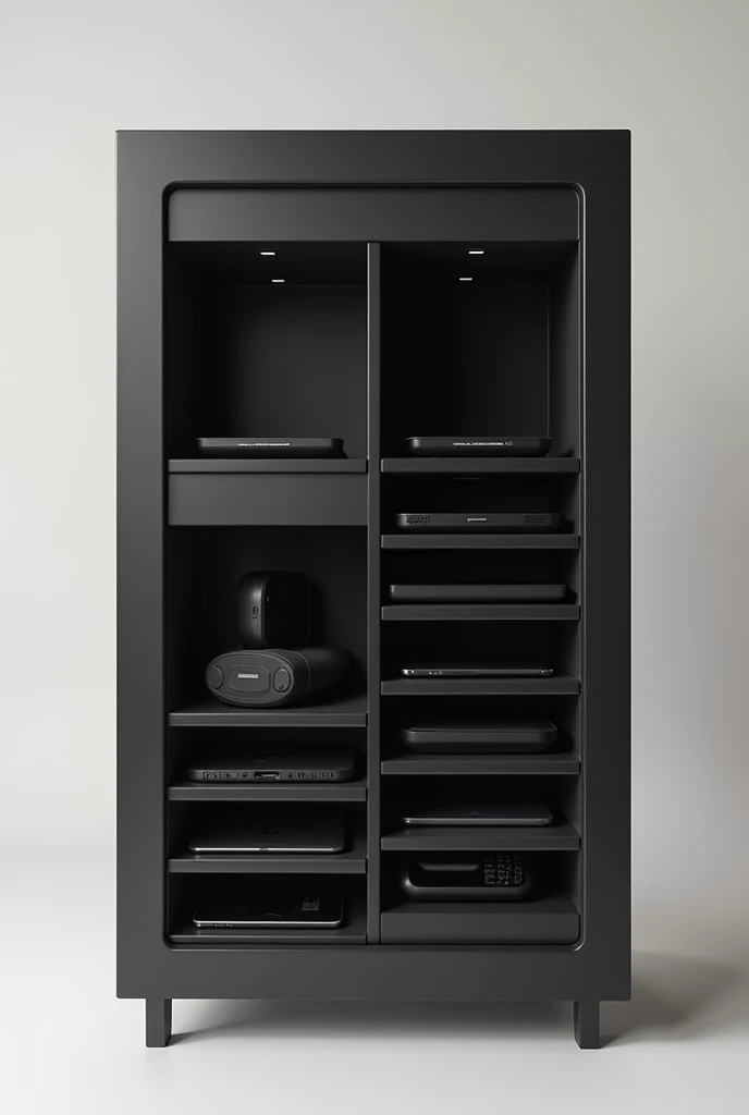 Little Phone locker that "The appearance is of a small cabinet with many compartments, similar to a cabinet for storing spiders, and it has FIVE SLOTS FOR LAPTOPS ONLY and 10 for cellphone. The color is black."