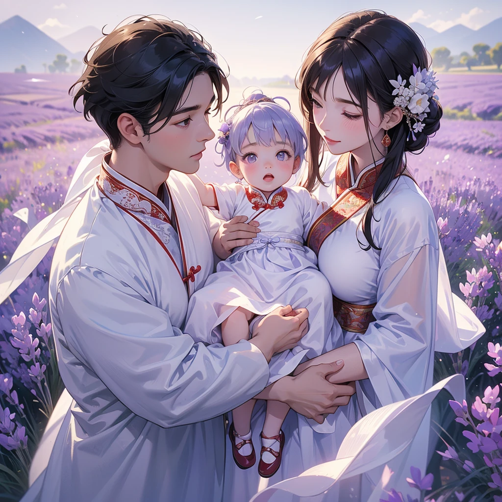 A one-year-old baby boy in an white ancient Chinese baby costume with his beautiful mother, dressed in an ancient Chinese costume, Stroll among the purple lavender fields , There are some floating clouds, playing with each other, with his handsome father standing next to his mother, close up.