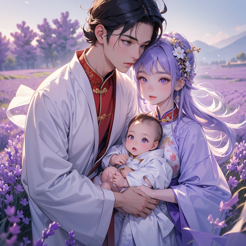 A one-year-old baby boy in an white ancient Chinese baby costume with his beautiful mother, dressed in an ancient Chinese costume, Stroll among the purple lavender fields , There are some floating clouds, playing with each other, with his handsome father standing next to his mother, close up.